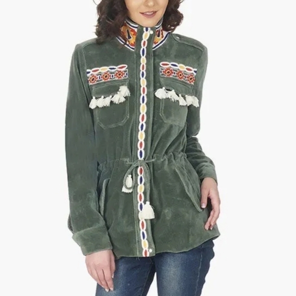 Anthro Aztec South Western Embroidered Tassel Olive Velvet Parka Jacket size M - Picture 3 of 16